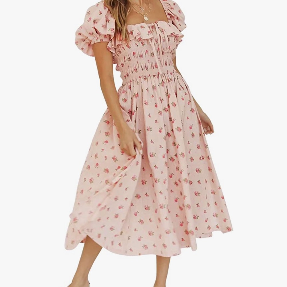 Pink flower puff sleeve midi dress